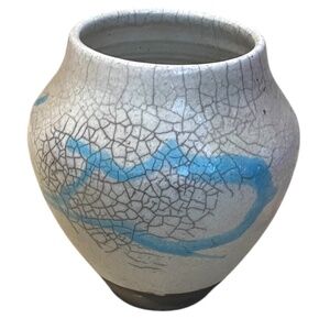Vintage Raku Art Pottery‎ Vase Artist Signed Dated White Crackle Glaze Blue